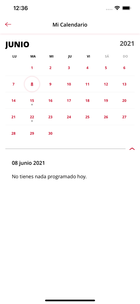 Interfaz del calendario académico de la aplicación UPF Mobil mostrando una vista mensual de junio de 2021.