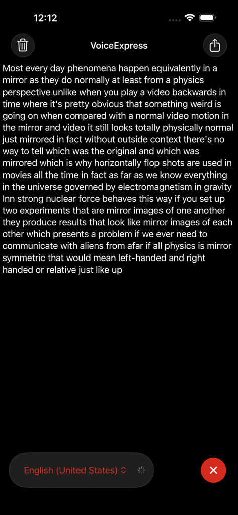 Interfaccia dell'app VoiceExpress che mostra una trascrizione testuale dettagliata di un file audio in inglese