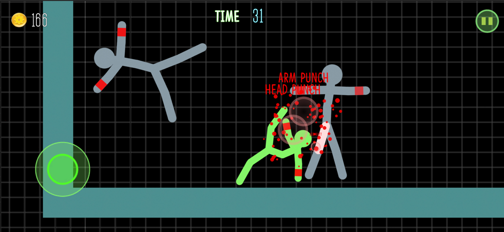 Stickman Warrior: Stick Fight - Screenshot di gioco di Stickman Warrior che mostra una figura stickman verde che prende a pugni un avversario grigio in una rissa basata sulla fisica