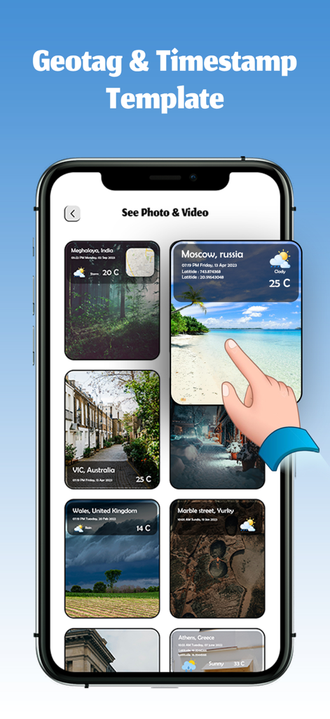 iPhone gallery showing photos with geotags and timestamps using various professional templates