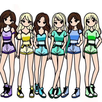 a group of girls wearing crop tops and shorts