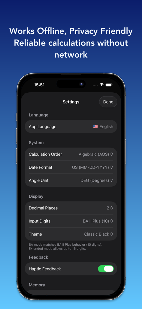 FinCalc: BA II Plus Emulator - Settings menu of FinCalc app highlighting offline and privacy features