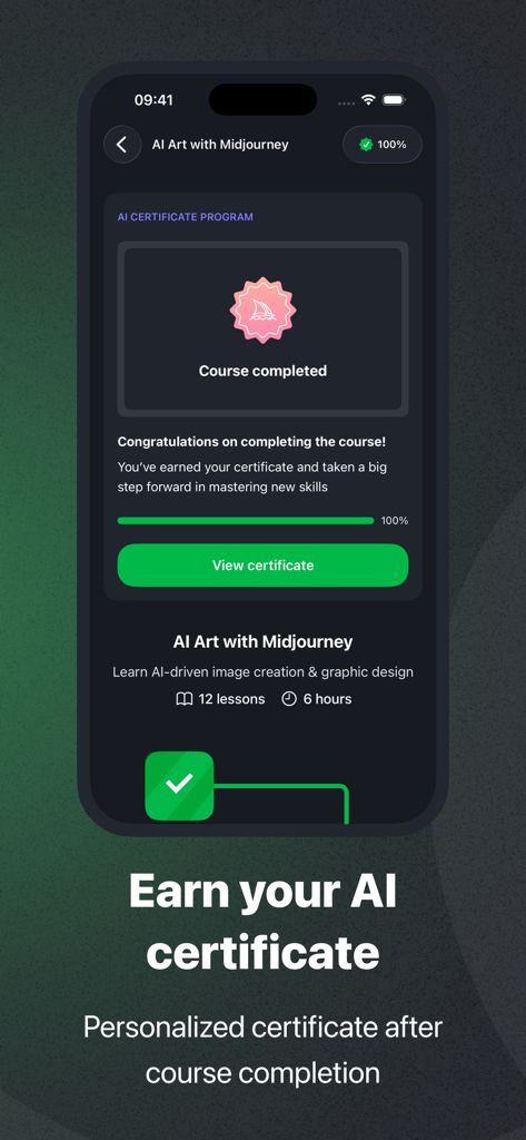 Tela do celular mostrando um curso concluído de Arte com IA usando Midjourney e um certificado no aplicativo Coursiv.