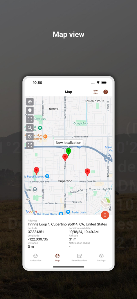 Map view of My GPS Coordinates Lite app showing location pins and coordinate data in Cupertino