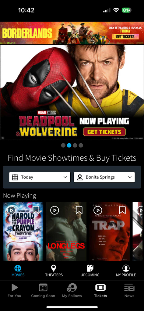 Movies Now! Stream Movie Apps - Movies Now app home screen displaying movie posters and theater ticket options