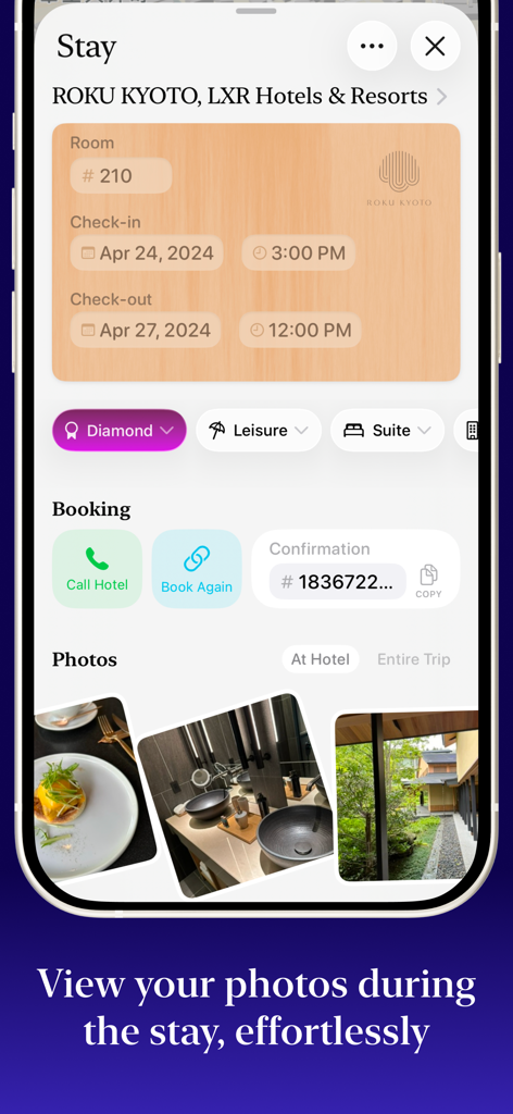 Awaybook: Hotel Tracker - Awaybook app display of hotel stay details and photo gallery