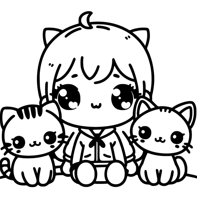 kawaii baby with two kawaii cats