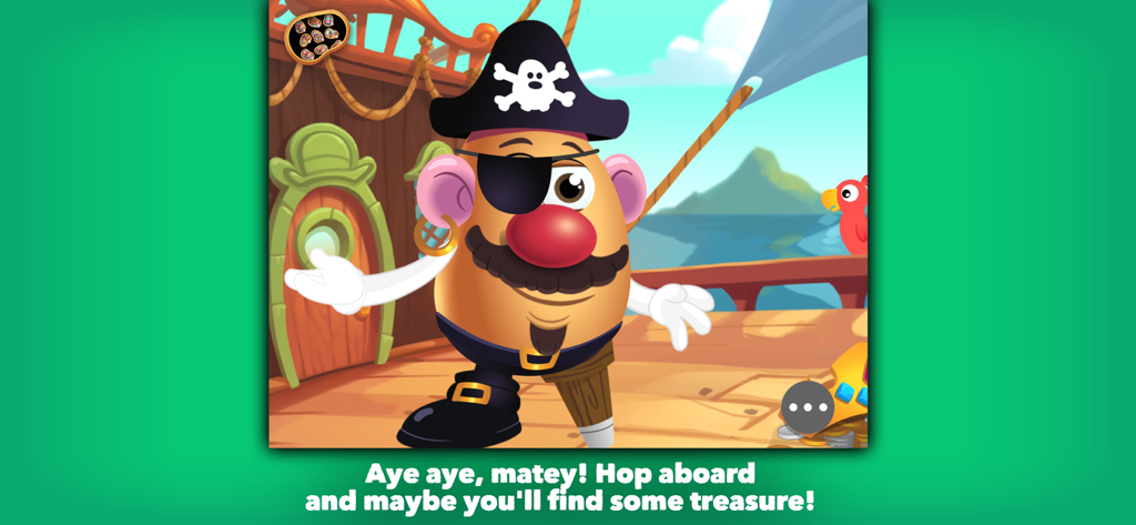 Mr. Potato Head: School Rush - Mr. Potato Head dressed as a pirate on a ship deck with a parrot and treasure chest
