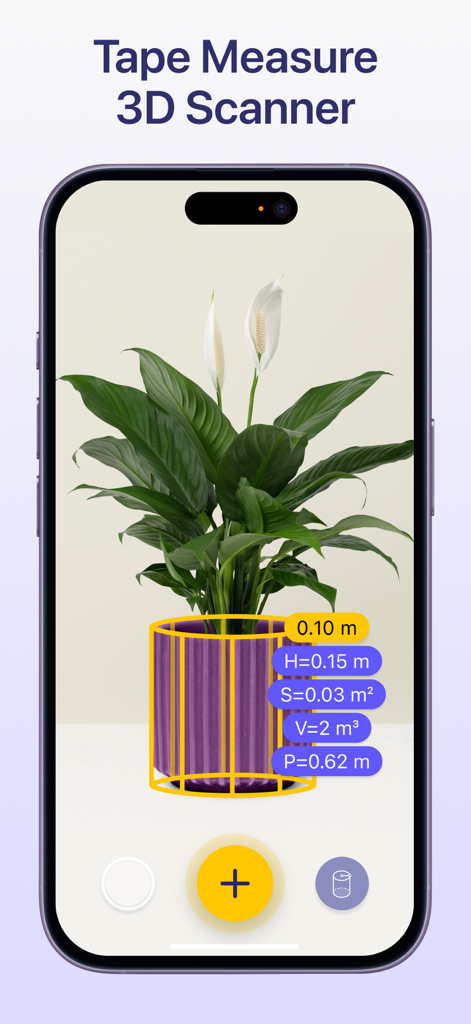 Augmented reality ruler app measuring a potted plant with 3D scanning tools