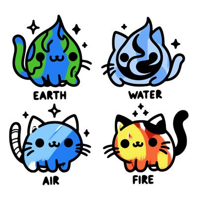 4 cats that represent the different elements, earth, water, air, and fire
