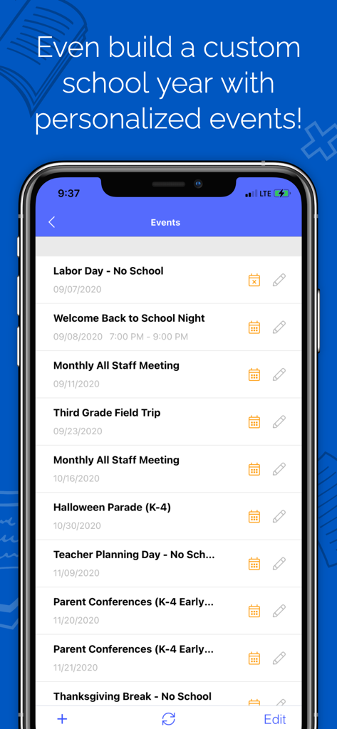 Planbook Mobile interface displaying a list of custom school events and staff meetings
