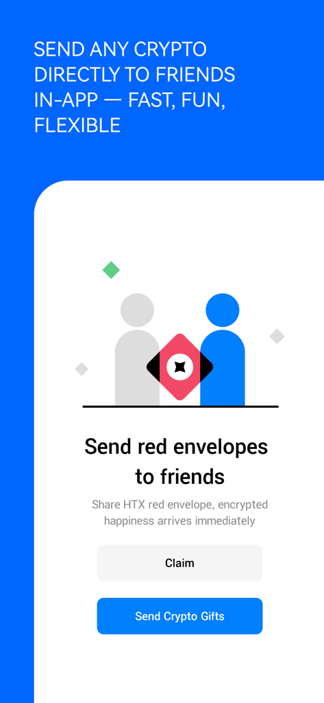 Interfaz de la aplicación móvil de HTX para enviar regalos cripto y sobres rojos a amigos