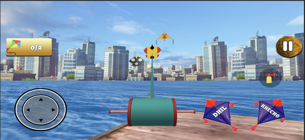 Pipa Combate 3D - Beach Kite - A 3D kite flying simulation game showing multiple kites in the air over a city skyline and water with game controls