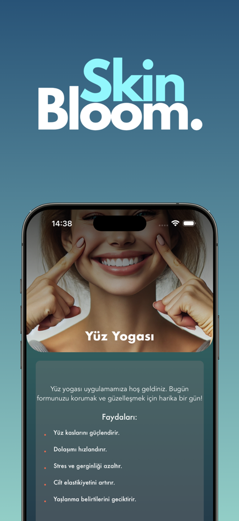 SkinBloom - Yüz Yogası - Interfaz de la aplicación móvil SkinBloom que muestra ejercicios de yoga facial y beneficios holísticos para el cuidado de la piel