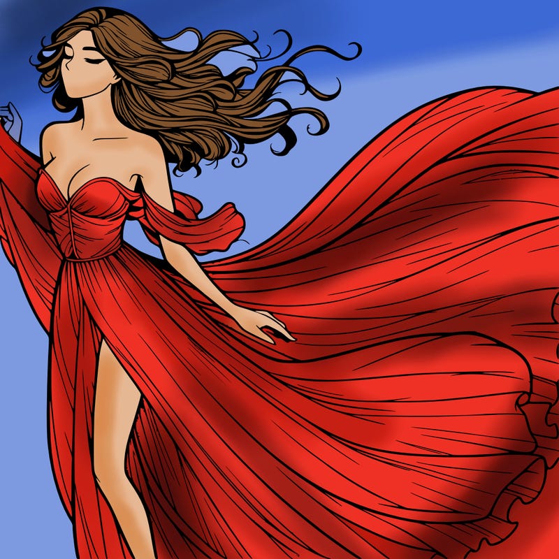 realistic woman in dress flowing the the wind