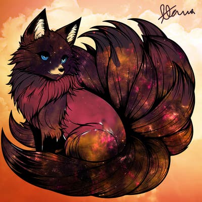 realistic detailed 9 tailed anime fox