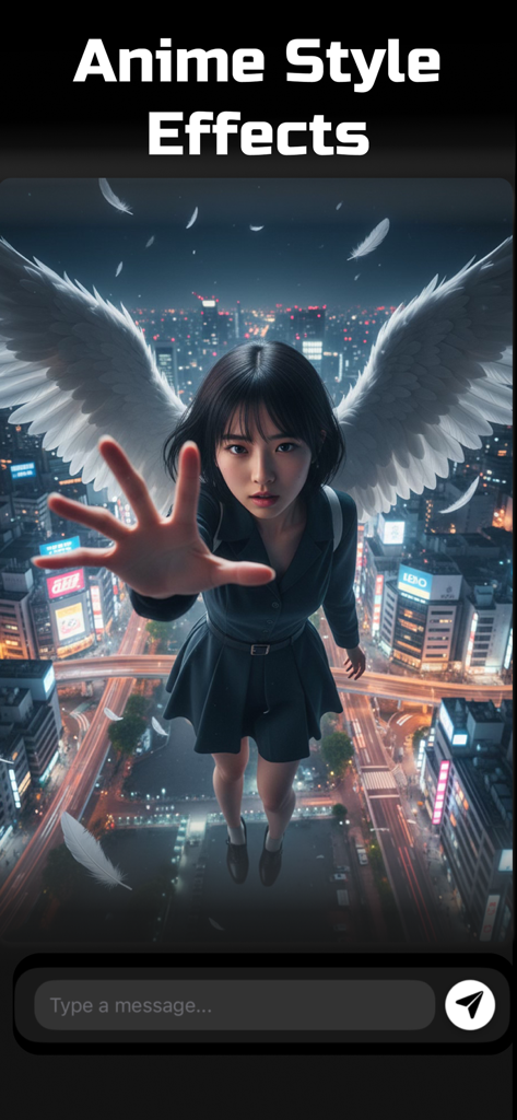 AI Image Generator + Creator - An AI-generated anime girl with white wings flying over a city at night