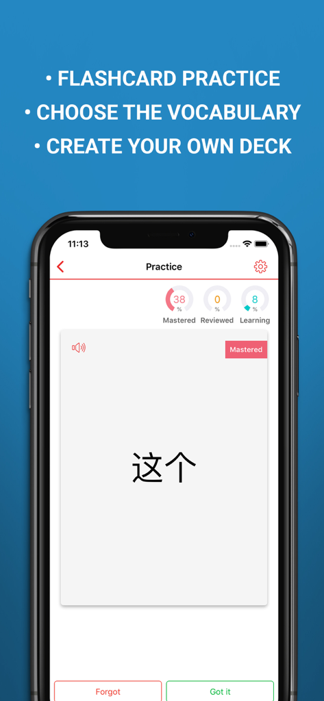 ChinesePod mobile app flashcard practice screen showing Mandarin vocabulary and progress tracking