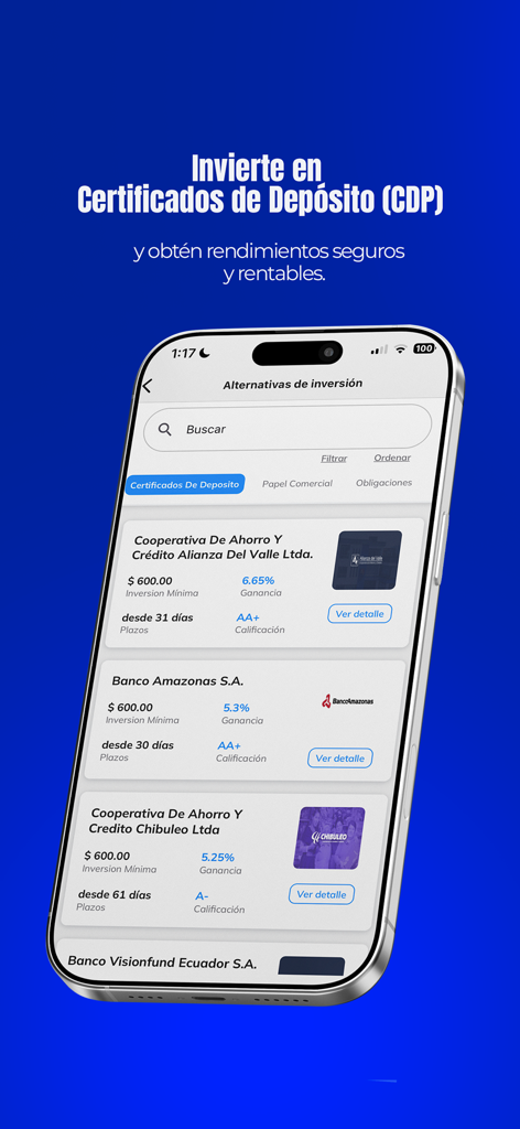 이자율이 있는 다양한 에콰도르 은행 투자 옵션 및 양도성 예금 증서를 보여주는 모바일 앱 화면