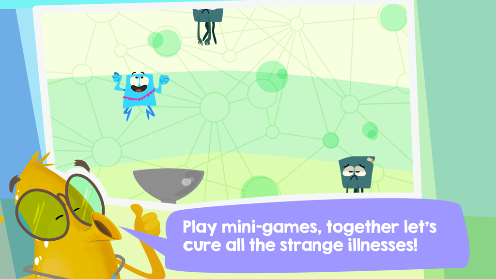 Doctor Justabout and the Human body - 人体のアプリで病気を治すための知育ミニゲームを紹介するジャスタバウト博士のキャラクター