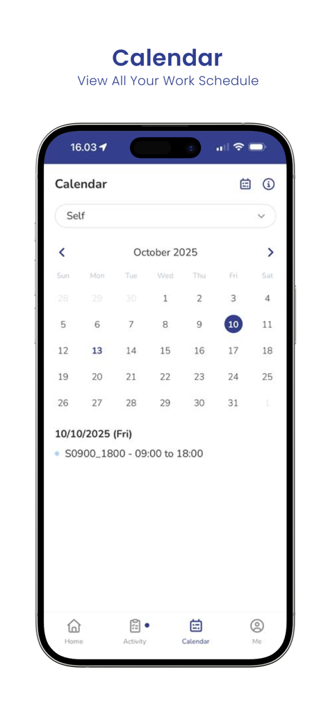 BIPO HRMSの勤務スケジュールとカレンダービュー。従業員のシフトが表示されます。