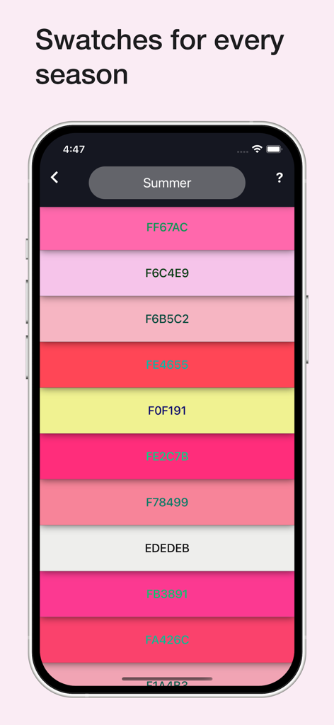 Color Wheel - モバイルアプリの画面に、16進数コード付きの夏の季節のカラースウォッチのリストが表示されています