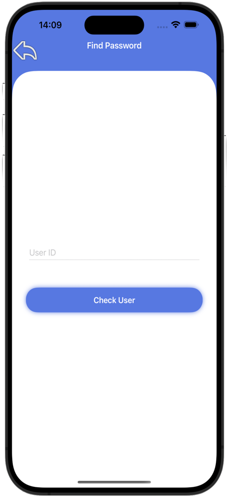 JLVPN. - Pantalla de la aplicación JLVPN que muestra la interfaz para encontrar contraseña con un campo de entrada de ID de usuario y un botón para verificar usuario