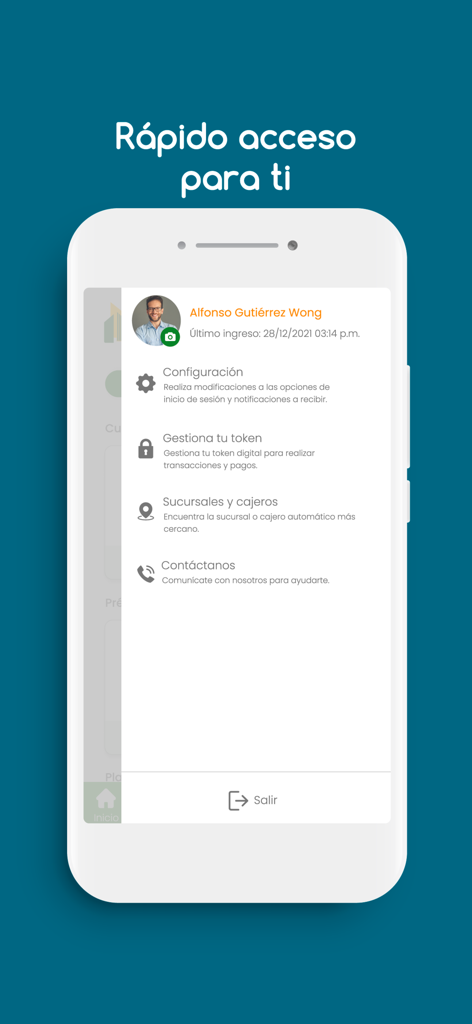 Credicorp Bank Mobile app menu screen showing profile settings and navigation options