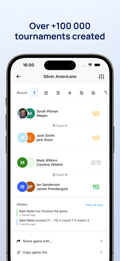 PadelFast - Americano Padel - Scoreboard interface of the PadelFast app showing live match results for a padel tournament