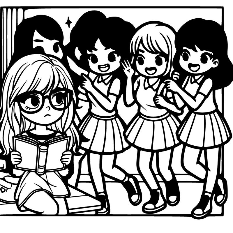 realistic girl with glasses and holding a book with realistic popular girls bullying her