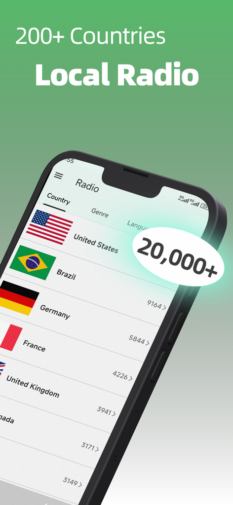 Interface of Radio FM app showing a list of countries and their respective number of local radio stations.