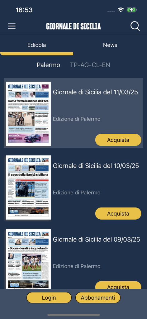 Aplicación Il Giornale di Sicilia mostrando las ediciones digitales del periódico para Palermo