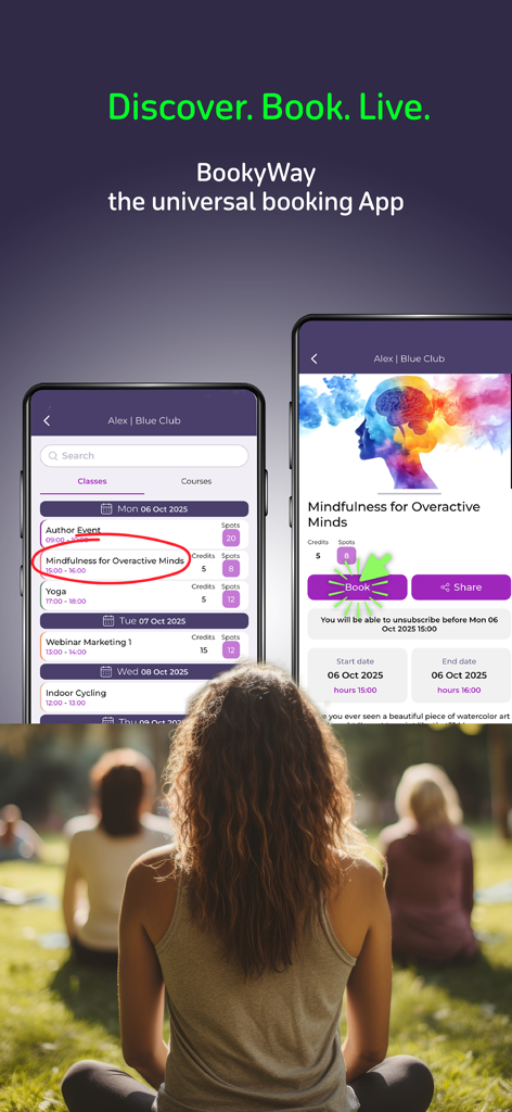 BookyWay - A promotional image of the BookyWay app showing an easy class booking interface for a mindfulness course.