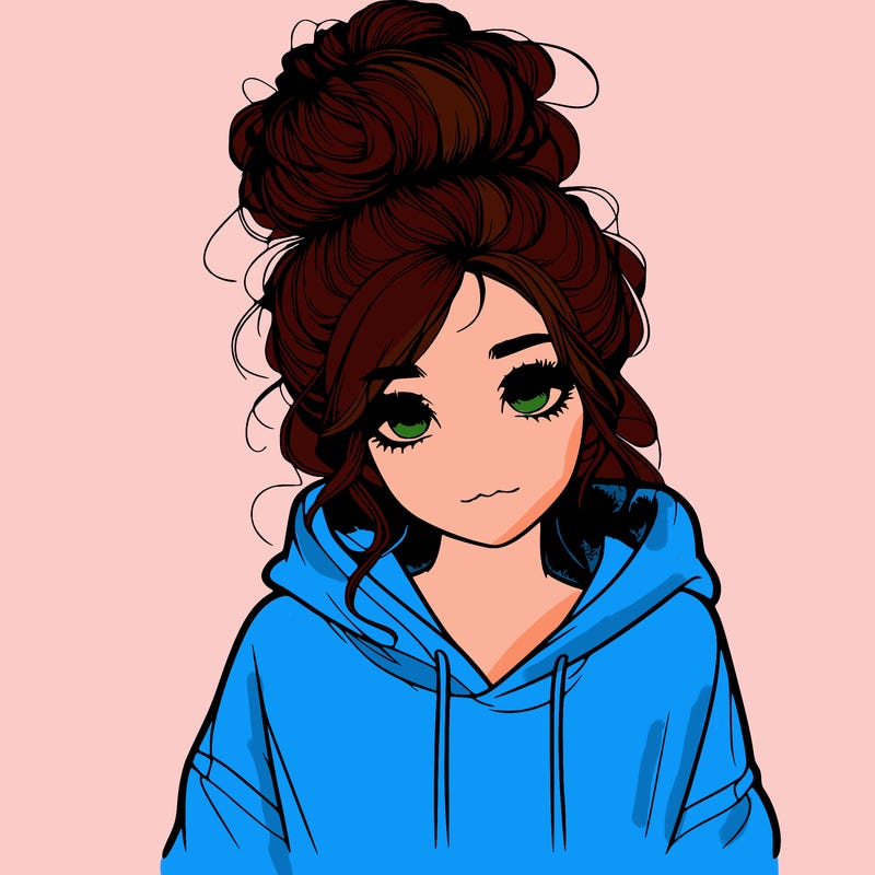realistic girl with a massy bun and a hoodie