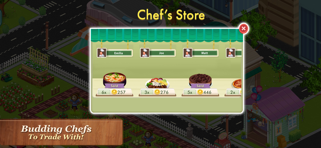 Una captura de pantalla de la Tienda de Chefs en el juego Star Chef mostrando varios platos disponibles para intercambiar con otros jugadores
