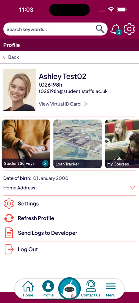 Beacon - Digital Guide - A student profile page in the Beacon app showing personal details virtual ID card and links to surveys loan tracker and courses