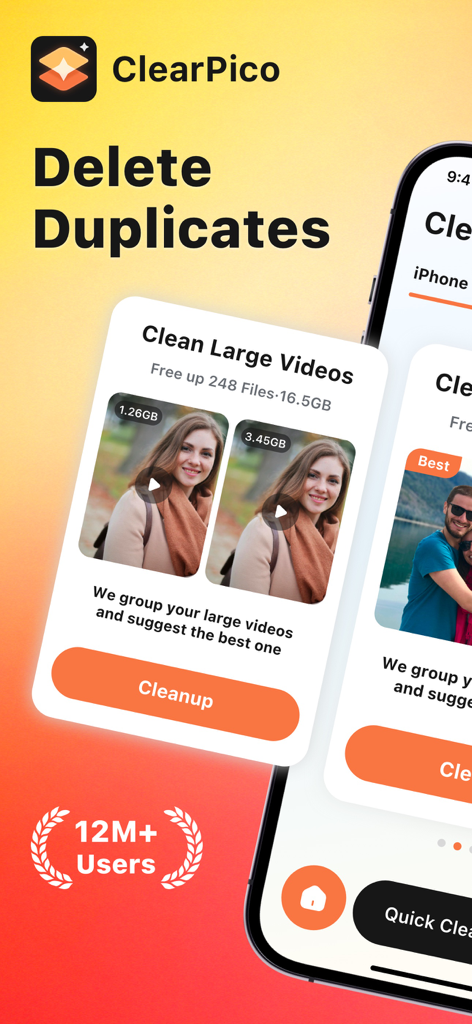 ClearPico:Clean Up Storage - ClearPico app interface for deleting duplicate videos and cleaning storage