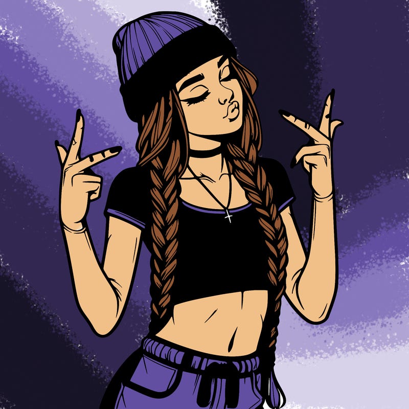 realistic teenage girl with braids and a beanie and crop top doing 🫶🏼