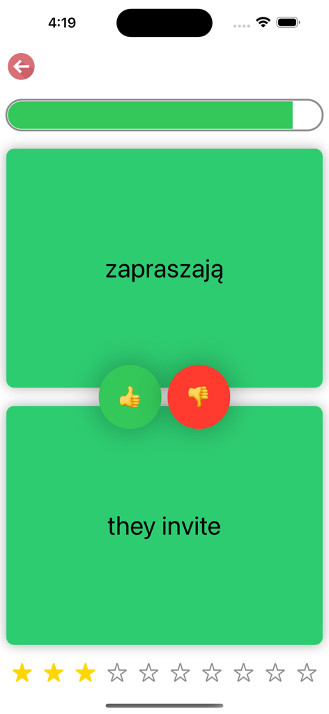 Snap quiz game screen in Polish Verb Blitz app showing matching verb forms for zapraszają and they invite