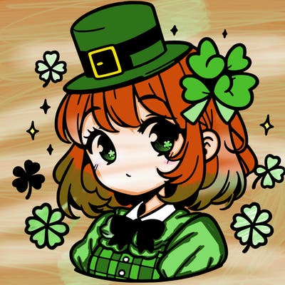 a manga-style girl with clovers around her, a little hat in her hair, like it's saint patrick's day