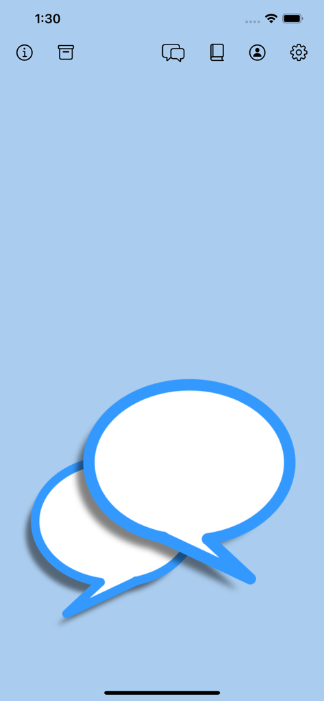 Main interface of the xChatz offline chat app with minimalist speech bubble icons and navigation menu.