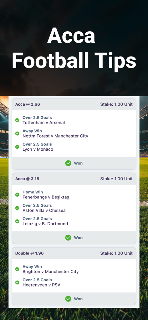 Footy+ Live Soccer Analyst - Interface showing successful accumulator and double soccer betting tips