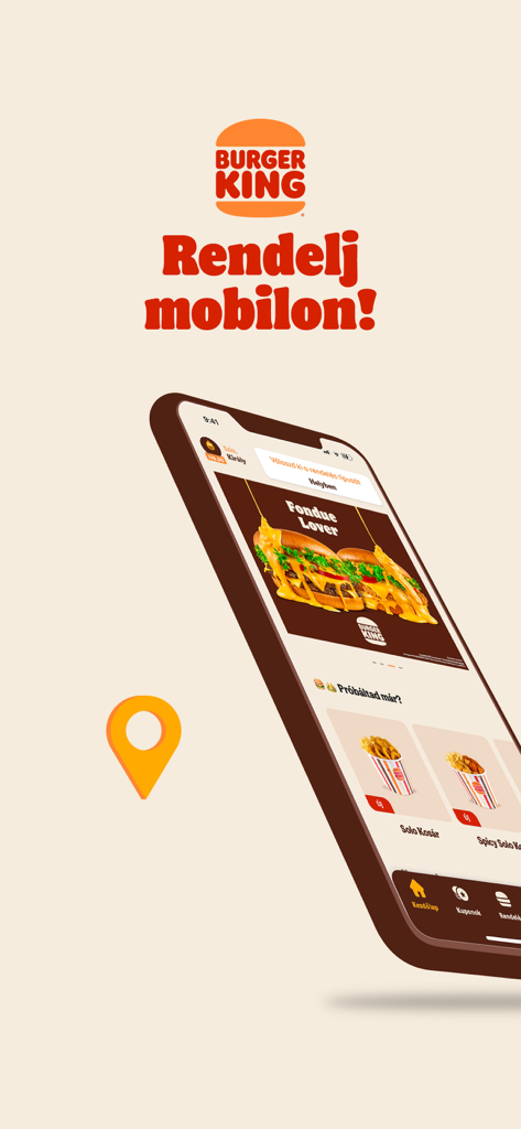 BURGER KING® Magyarország - A smartphone displaying the Burger King Hungary app menu with the slogan Rendelj mobilon