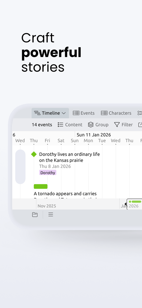 Aeon Timeline 3 - Interface d'Aeon Timeline 3 affichant une chronologie d'histoire chronologique pour les auteurs de fiction