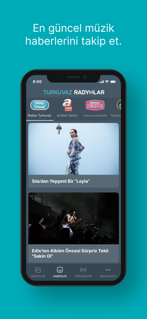 Turkuvaz Radyolar - A smartphone screen displaying the Turkuvaz Radyolar app news feed with Turkish music updates.