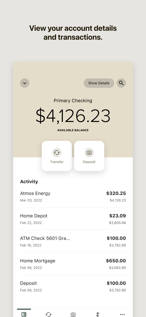 Valley Strong Mobile Banking app screen showing a checking account balance and a list of recent transactions including bills and deposits.