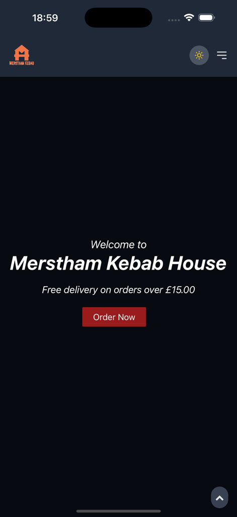 Merstham Kebab House - Merstham Kebab House app home screen with a welcome message and order button
