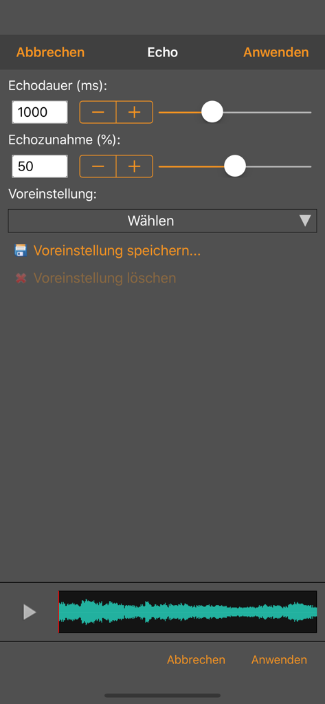 Interfaz de la aplicación WavePad Music and Audio Editor que muestra una forma de onda de sonido de color turquesa.