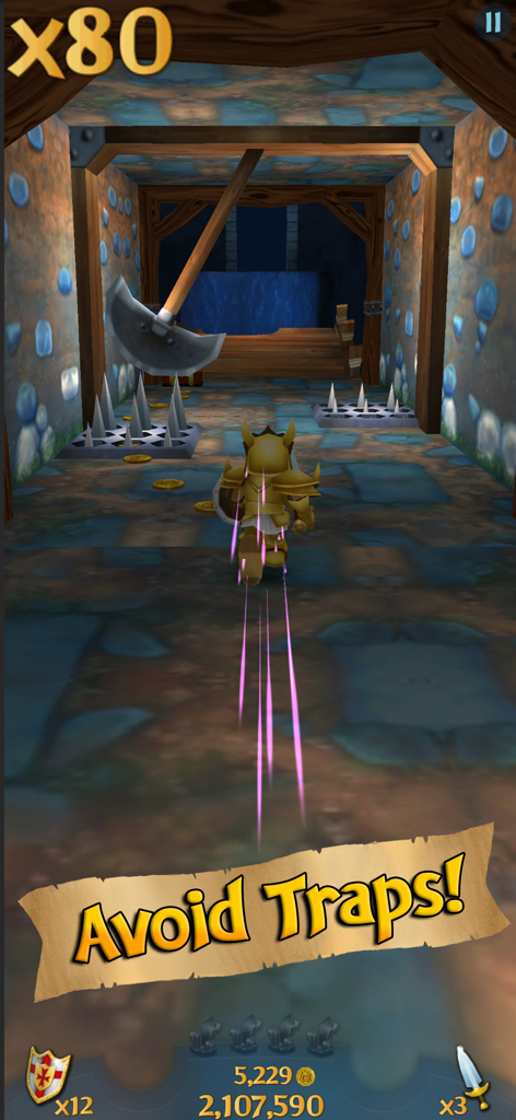 A golden knight avoiding a swinging axe and floor spikes in a dungeon corridor.