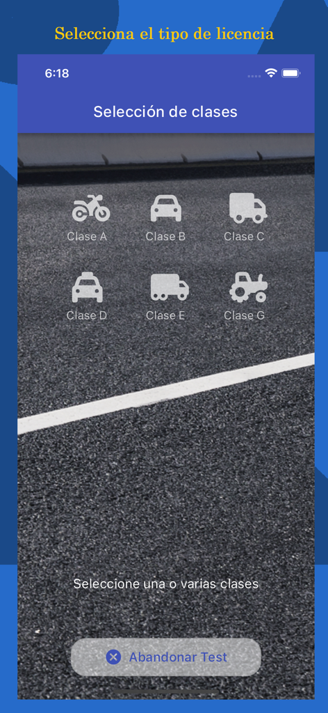 Examen de manejo - Selection screen for different driving license categories in the Argentinian exam simulator app